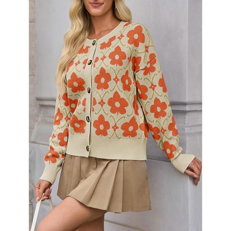 Zevane Vintage Floral Print Knit Cardigan