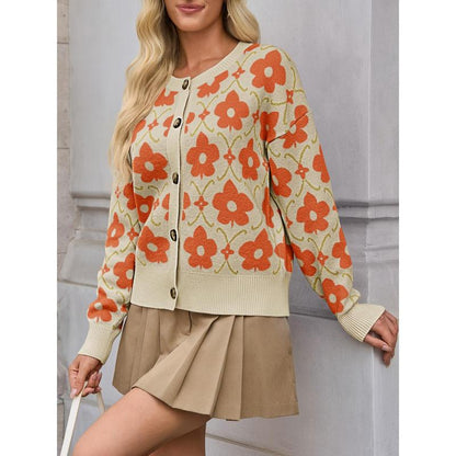 Zevane Vintage Floral Print Knit Cardigan