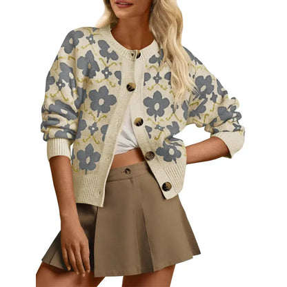 Zevane Vintage Floral Print Knit Cardigan