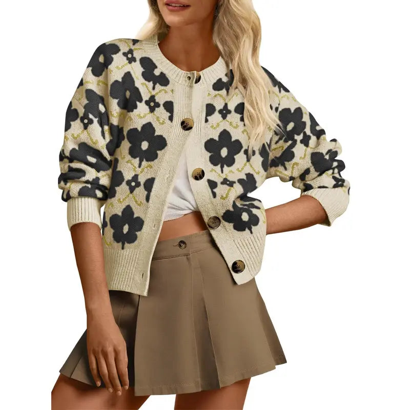 Zevane Vintage Floral Print Knit Cardigan