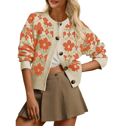 Zevane Vintage Floral Print Knit Cardigan