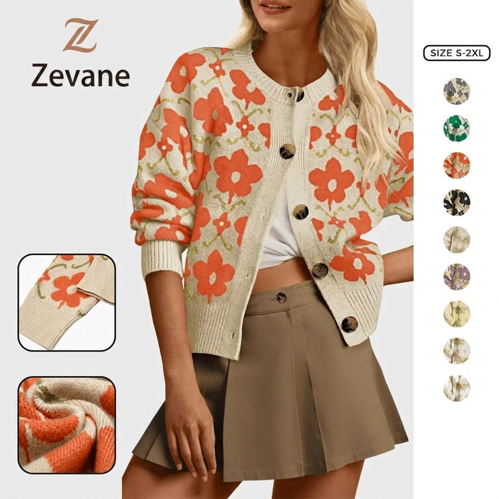 Zevane Vintage Floral Print Knit Cardigan